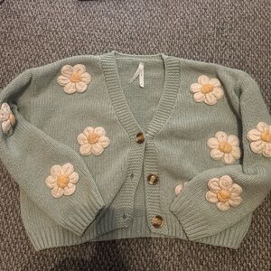 Dreamers Green Cardigan with Cream Floral Accents
